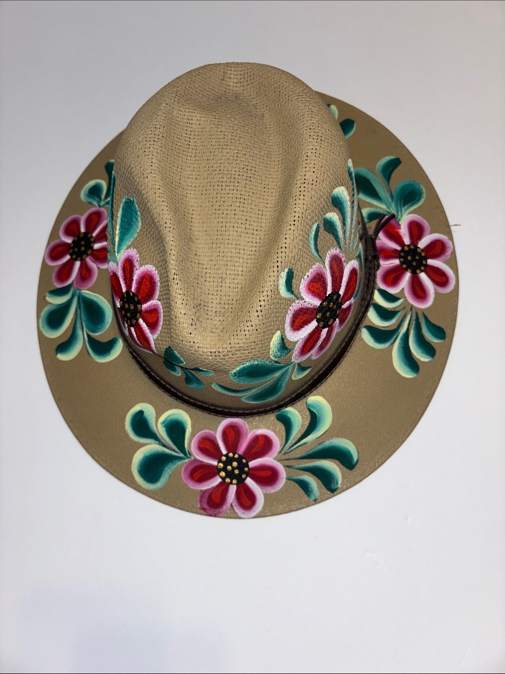 Hand Painted Floral Beige Straw Fedora Hat made in Mexico